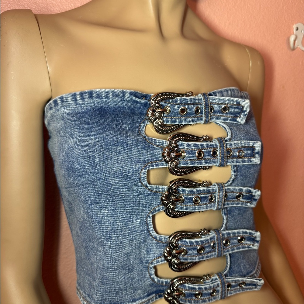 Windsor Denim Buckle Strapless Corset Tube Top NWT Size S Festival